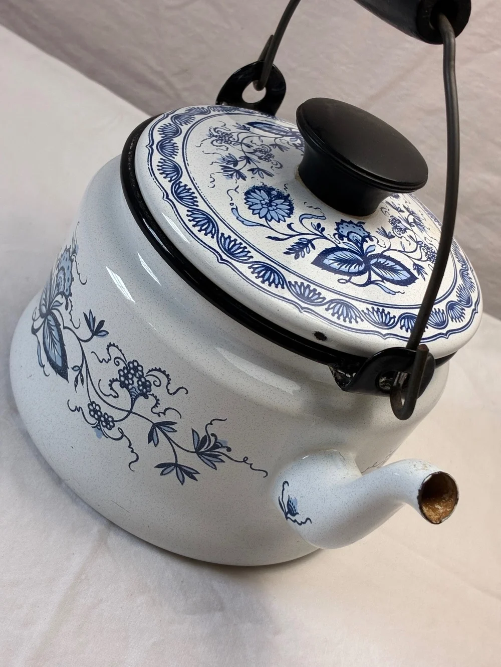 Vintage Blue and White Floral Enamelware Teapot Kettle with Black Handle